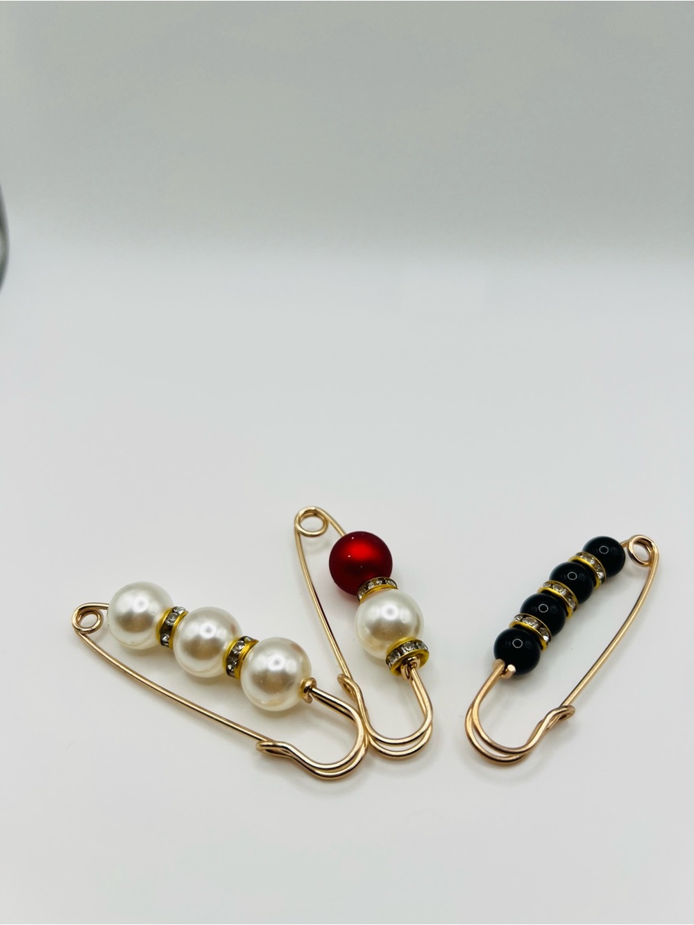Gold-Tone Pearl and Bead Safety Pin Brooch - White, Red, Black